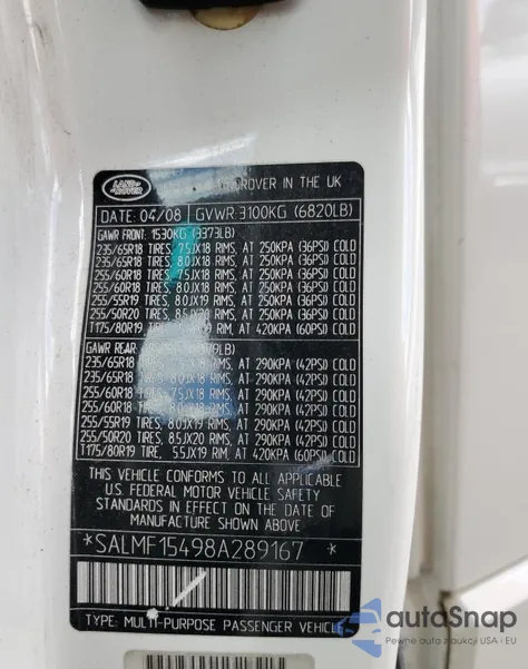 2008 Land Rover Range Rover Hse from USA, damaged, VIN SALMF15498A289167